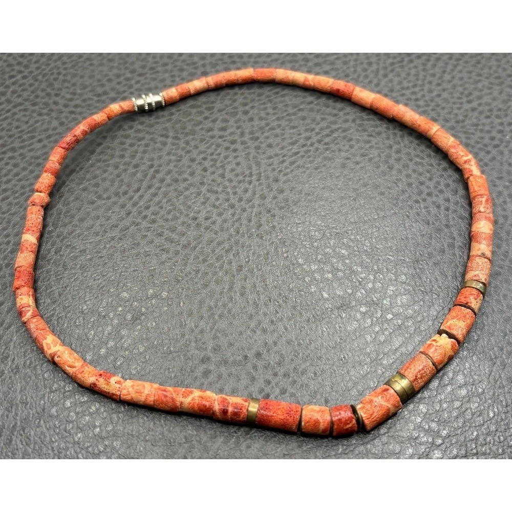 Vintage Natural Sponge Coral Tube Bead Heishi Style Necklace Brass Spacers 16"